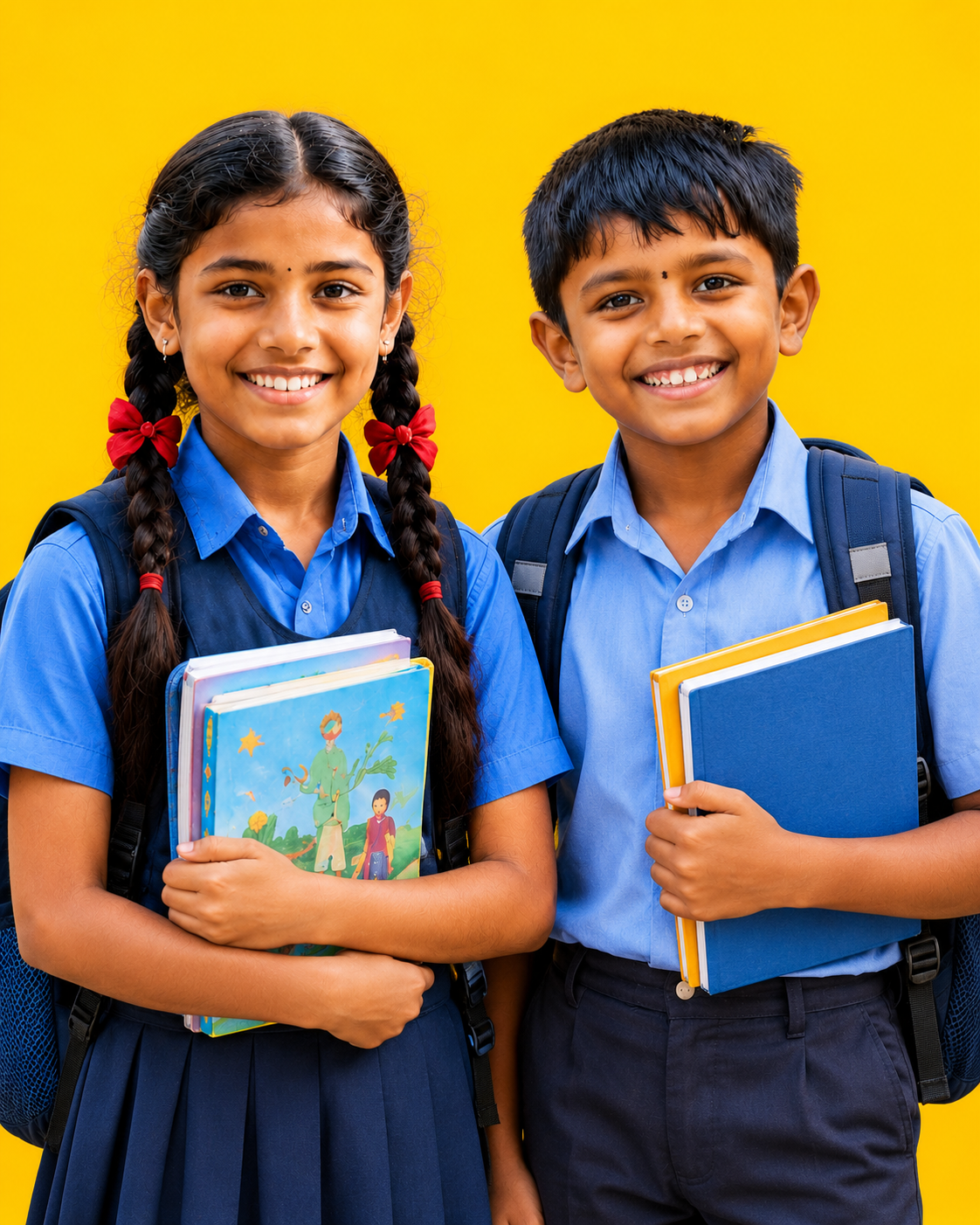 Two schoolchildren in blue uniforms holding books